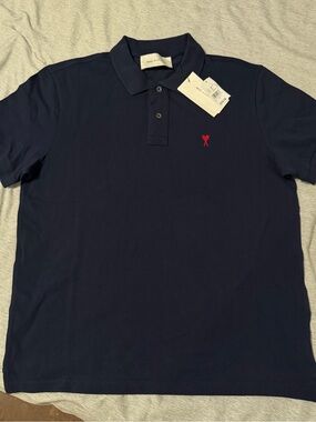 Ami Alexandre Mattiussi Navy Polo with Red Heart Emblem
